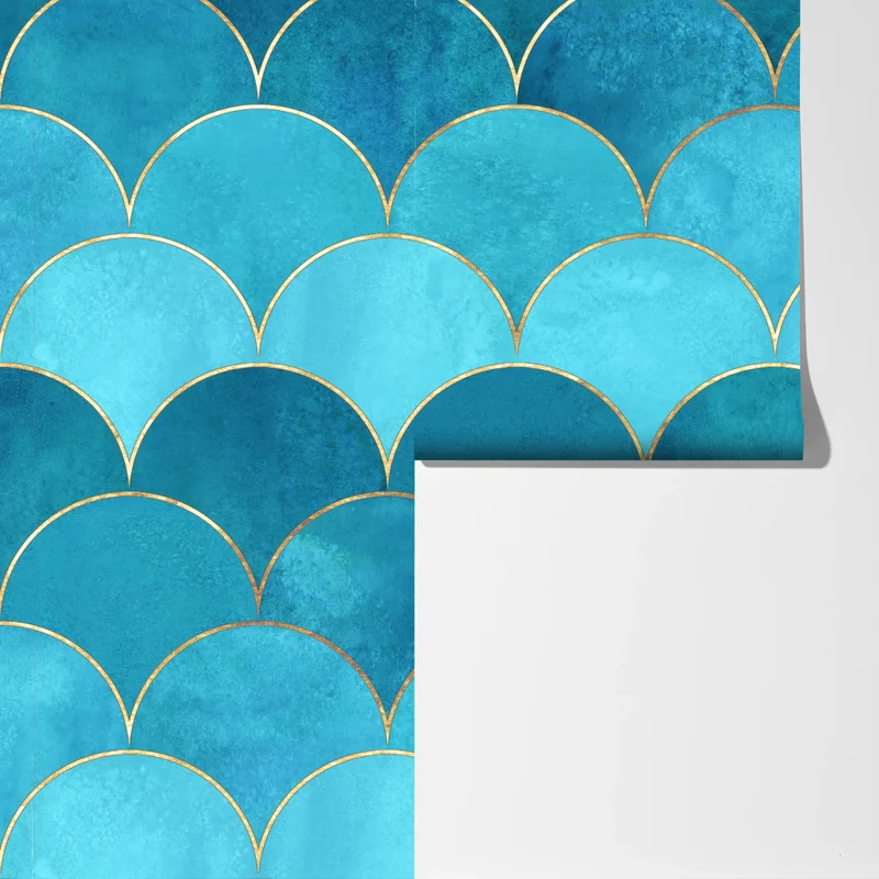 Fototapete türkis schuppenmuster mit goldakzenten Fototapete türkis schuppenmuster mit goldakzenten