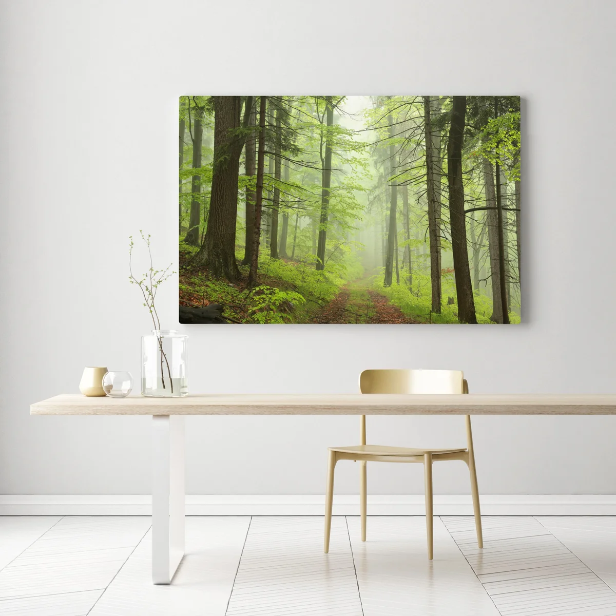 Leinwandbild nebliger grüner waldpfad Leinwandbild nebliger grüner waldpfad