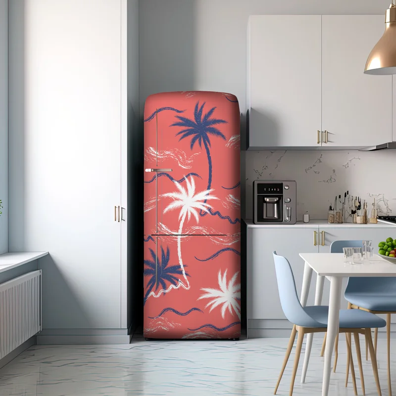 Kühlschrankaufkleber tropisches palmenmuster in koralle und dunkelblau Kühlschrankaufkleber tropisches palmenmuster in koralle und dunkelblau