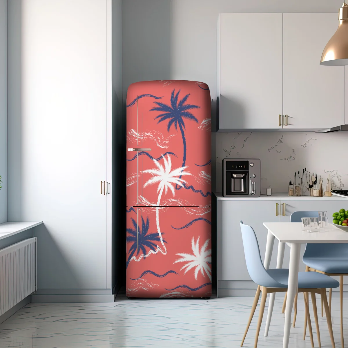 Kühlschrankaufkleber tropisches palmenmuster in koralle und dunkelblau Kühlschrankaufkleber tropisches palmenmuster in koralle und dunkelblau