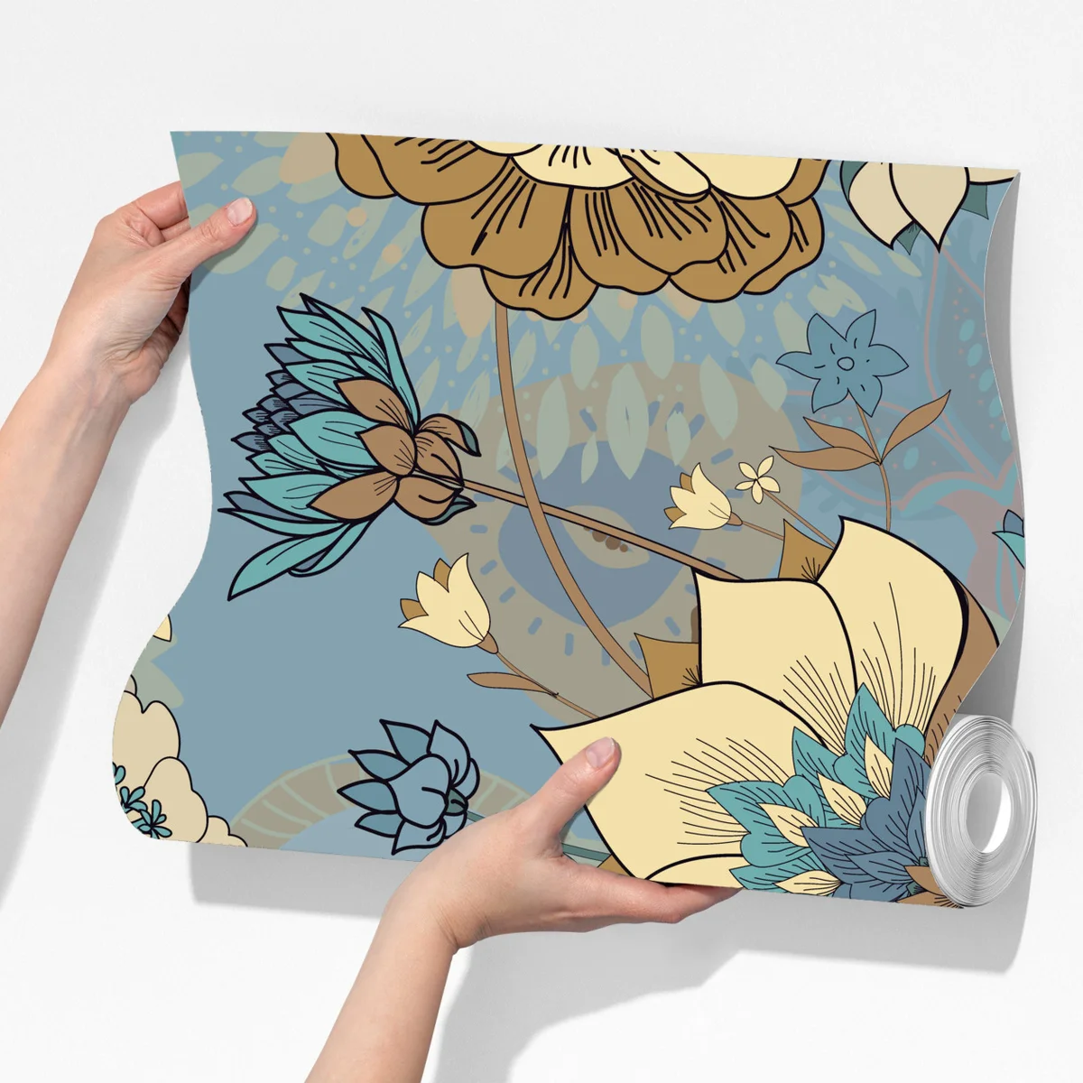 Fototapete vintage-blumenmuster in gedämpften blau- und beigetönen Fototapete vintage-blumenmuster in gedämpften blau- und beigetönen