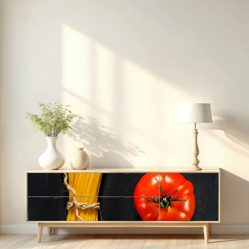 Repositionierbarer Aufkleber minimalistische spaghetti- und tomatenkomposition Repositionierbarer Aufkleber minimalistische spaghetti- und tomatenkomposition