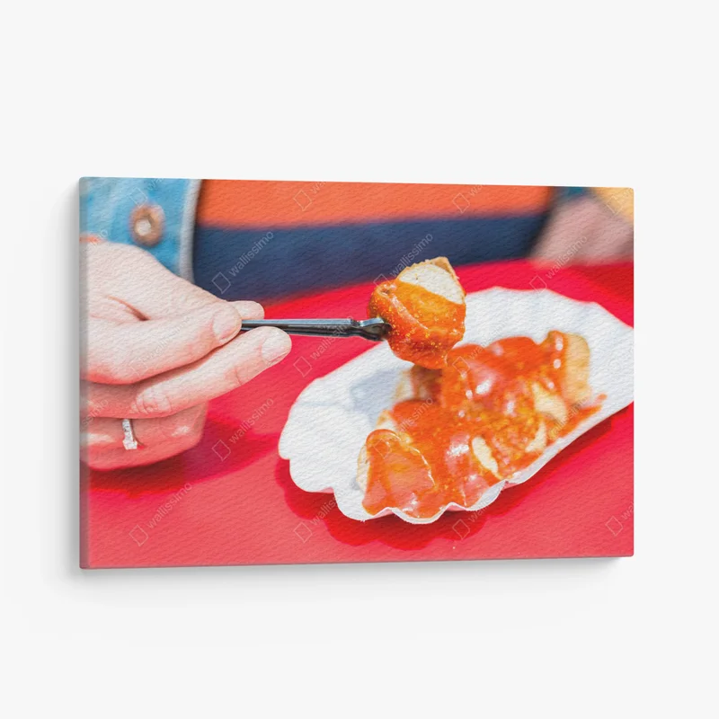 Leinwandbild Currywurst essen in Berlin • Leinwandbilder bei Wallnifity® Leinwandbild Currywurst essen in Berlin • Leinwandbilder bei Wallnifity®