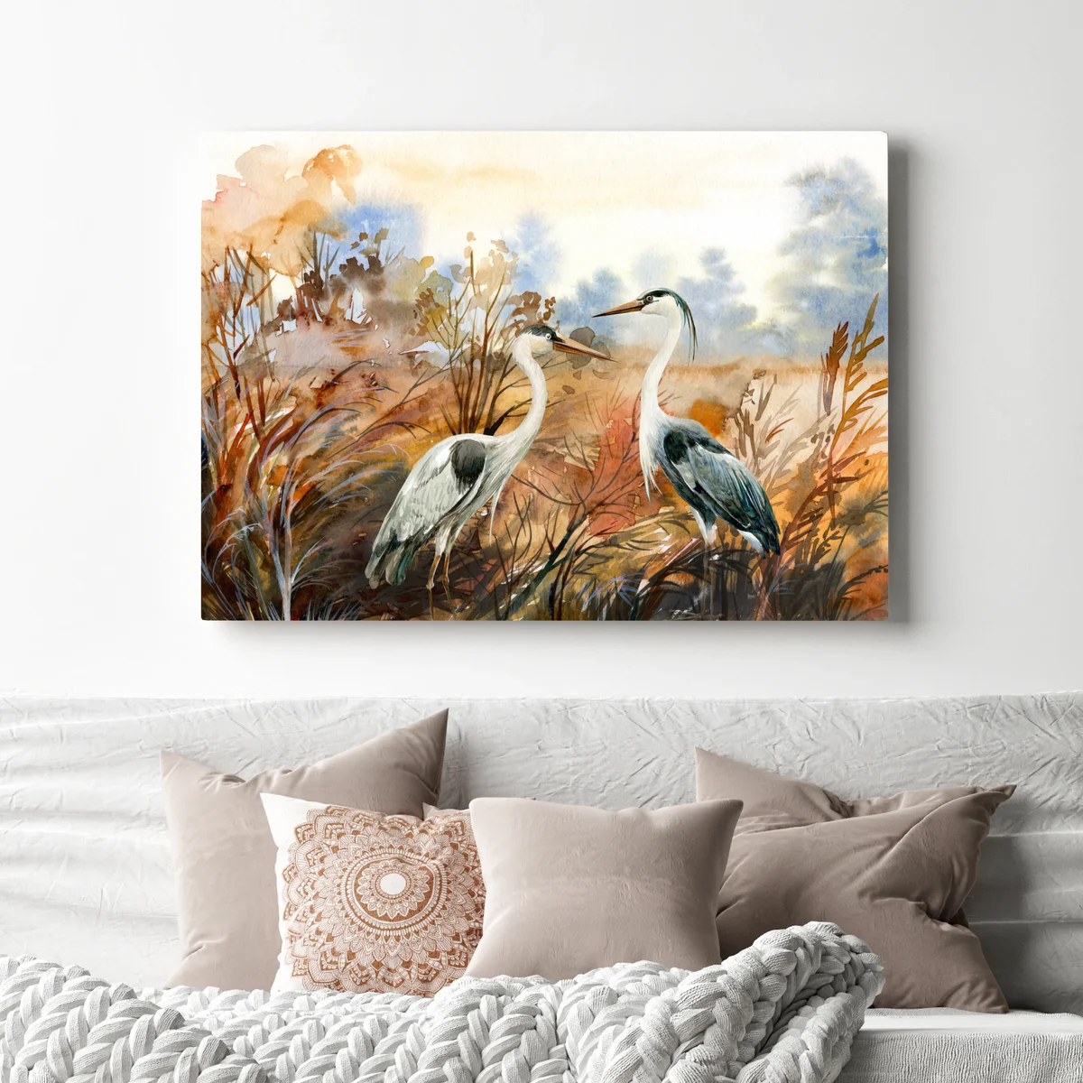 Leinwandbild zwei reiher im herbstlichen sumpf Leinwandbild zwei reiher im herbstlichen sumpf