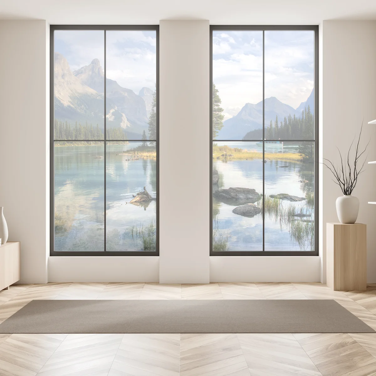 Fensteraufkleber ruhiger alpensee mit insel und bergen Fensteraufkleber ruhiger alpensee mit insel und bergen