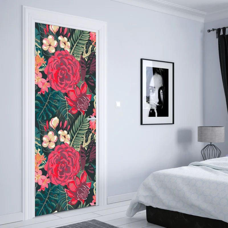 Türaufkleber tropisches blumenmuster in rosa und türkis