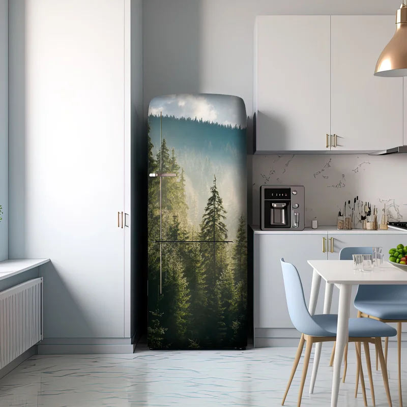 Kühlschrankaufkleber nebliger fichtenwald im morgenlicht