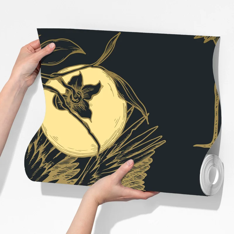 Fototapete goldene kraniche und mondmuster Fototapete goldene kraniche und mondmuster