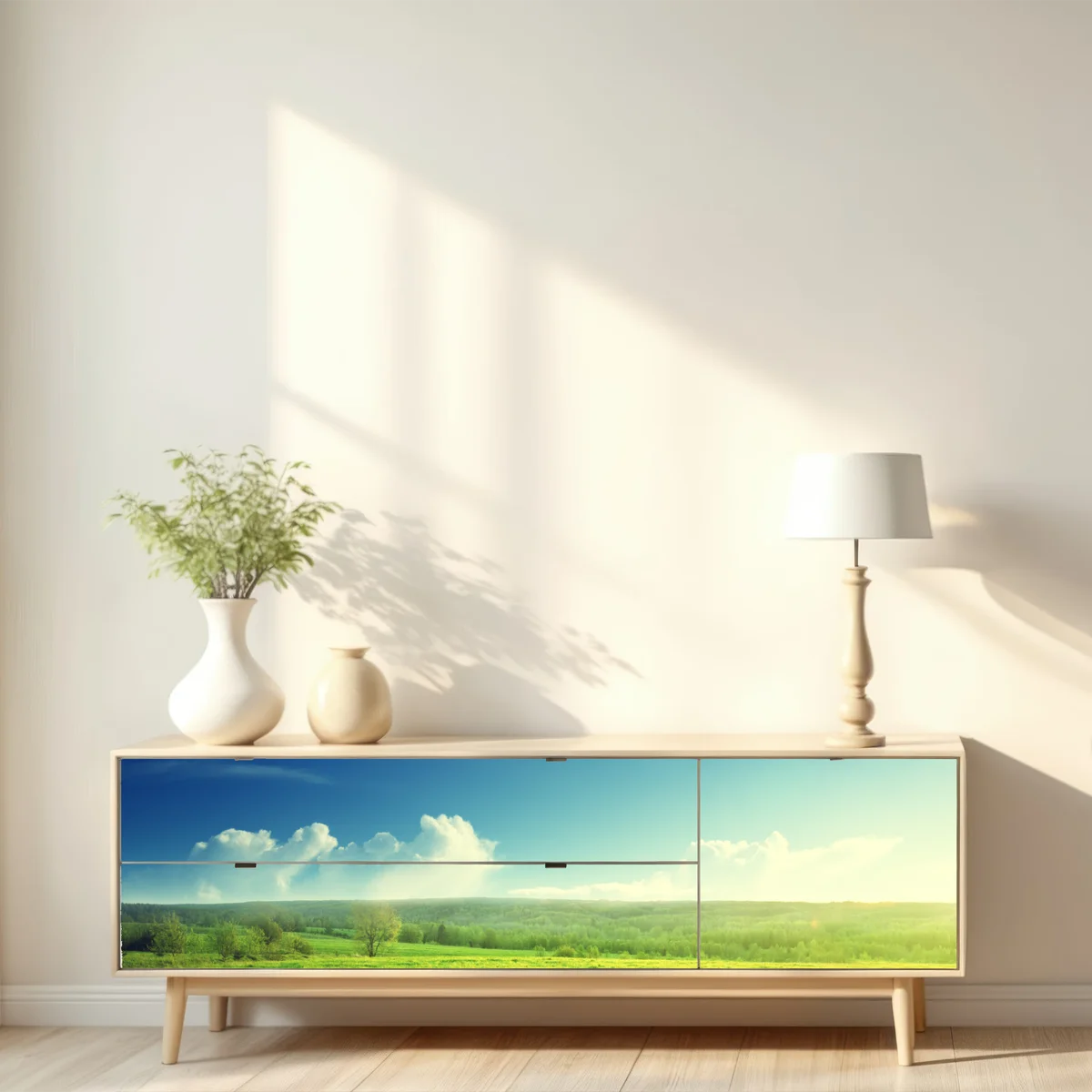 Repositionierbarer Aufkleber sonnige frühlingswiese im abendlicht Repositionierbarer Aufkleber sonnige frühlingswiese im abendlicht