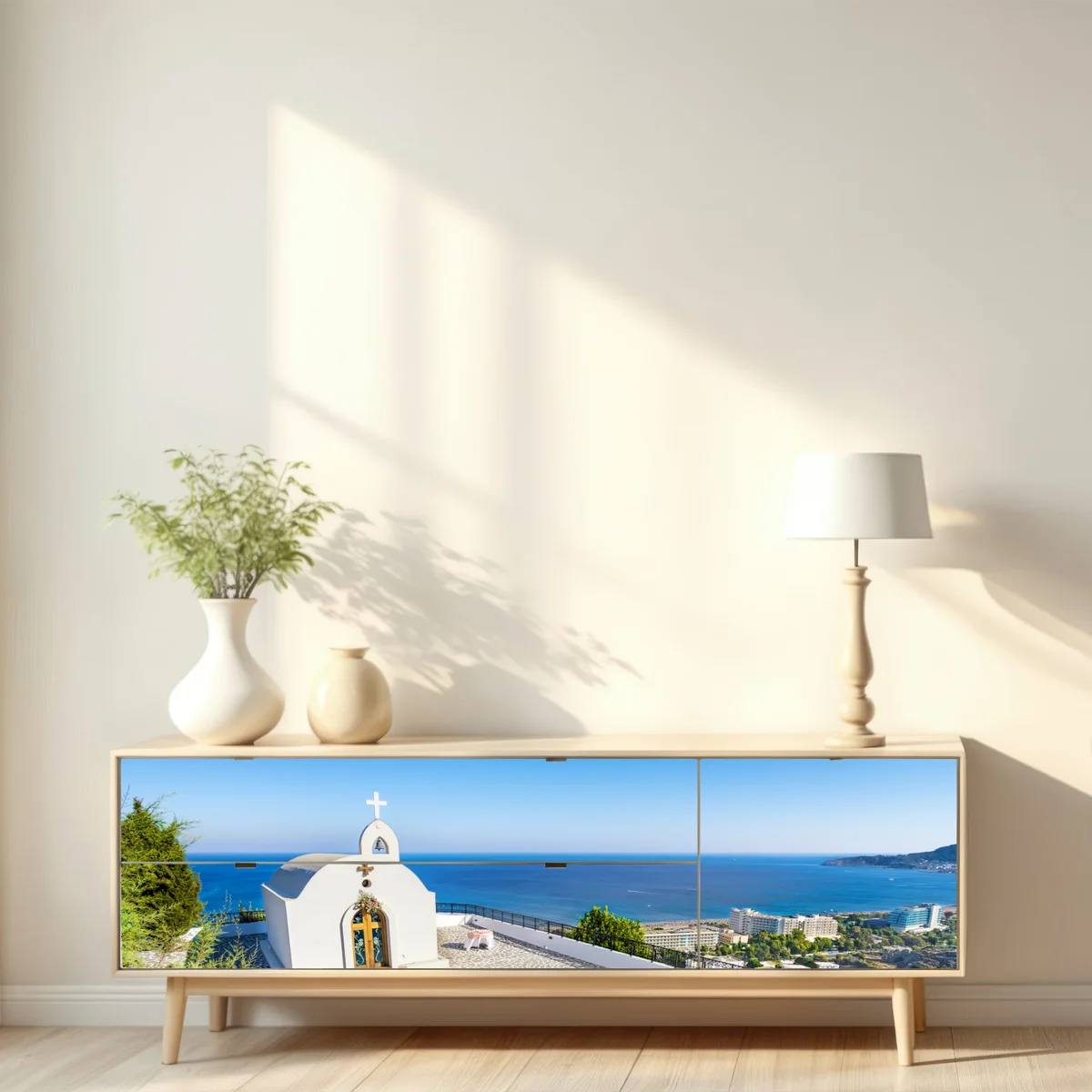 Repositionierbarer Aufkleber weiße kapelle mit meerblick in Faliraki Repositionierbarer Aufkleber weiße kapelle mit meerblick in Faliraki