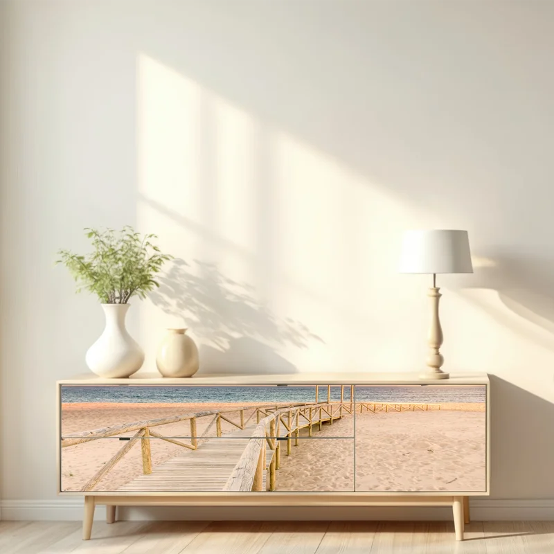 Repositionierbarer Aufkleber hölzerner steg zum strand von Trafalgar bei sonnenuntergang Repositionierbarer Aufkleber hölzerner steg zum strand von Trafalgar bei sonnenuntergang