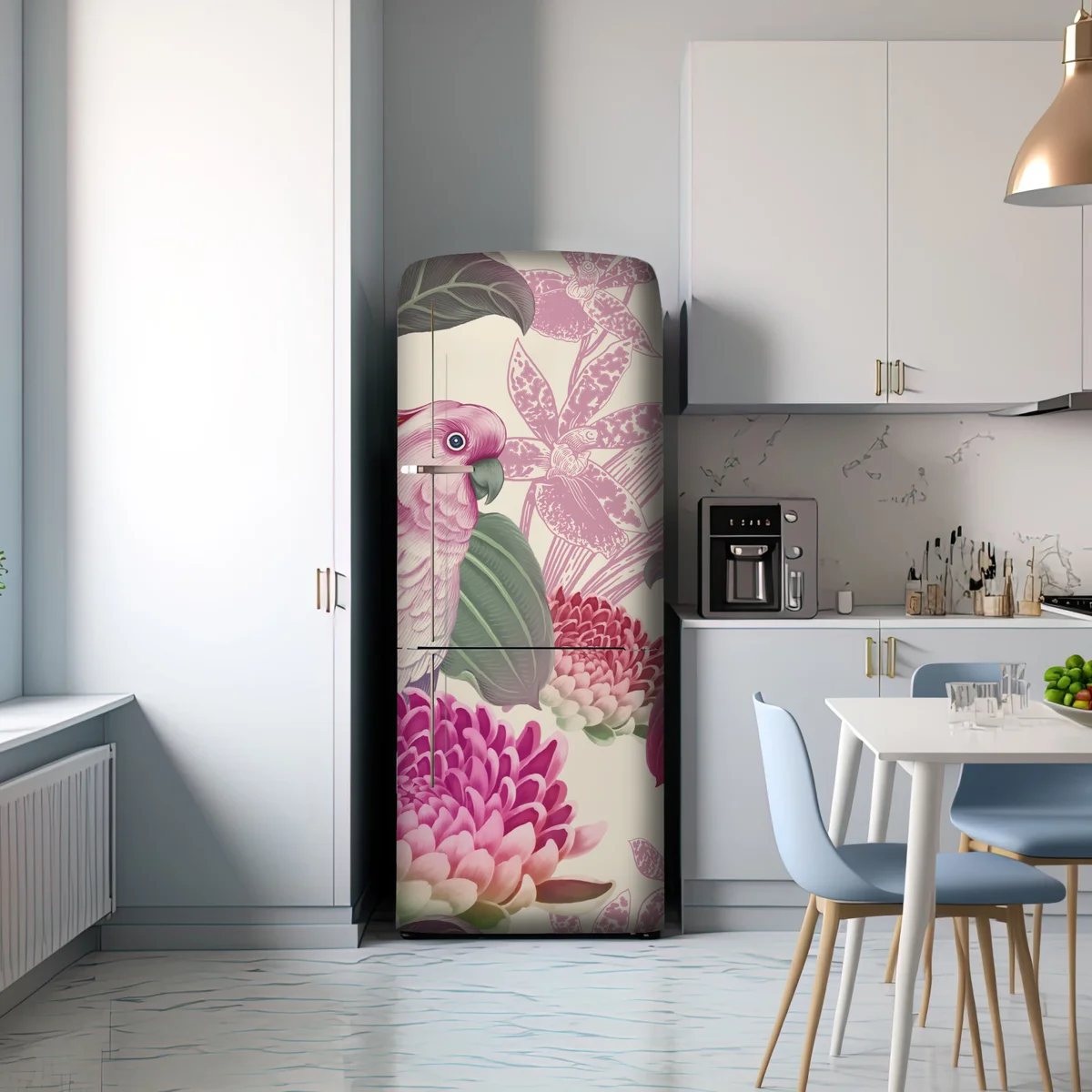 Kühlschrankaufkleber rosa papagei und chrysantheme - botanisches motiv Kühlschrankaufkleber rosa papagei und chrysantheme - botanisches motiv