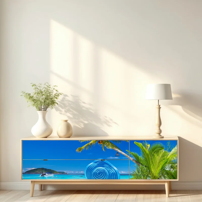 Repositionierbarer Aufkleber tropischer strand mit blauem sonnenhut