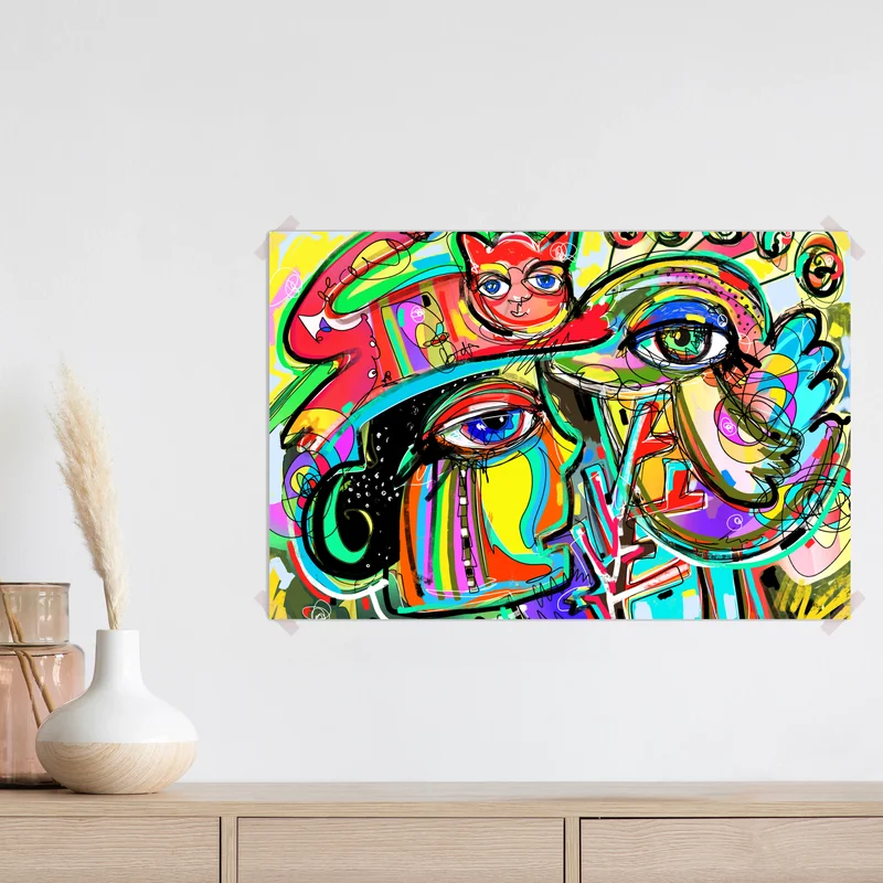 Poster lebendige abstrakte gesichter mit katze und vogel Poster lebendige abstrakte gesichter mit katze und vogel