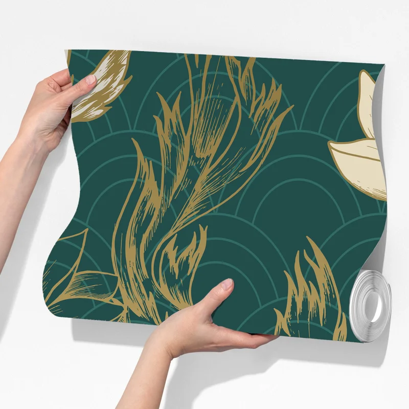 Fototapete orientalisches koi- und lotosmuster in türkis und gold Fototapete orientalisches koi- und lotosmuster in türkis und gold