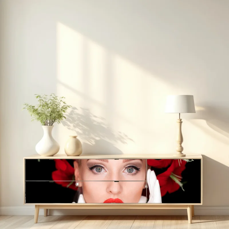 Repositionierbarer Aufkleber elegantes porträt mit rotem blumenkranz