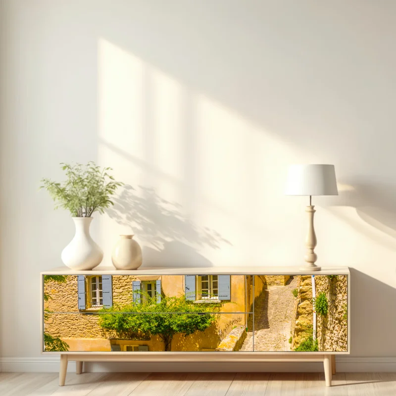 Repositionierbarer Aufkleber sonnige kopfsteinpflastergasse