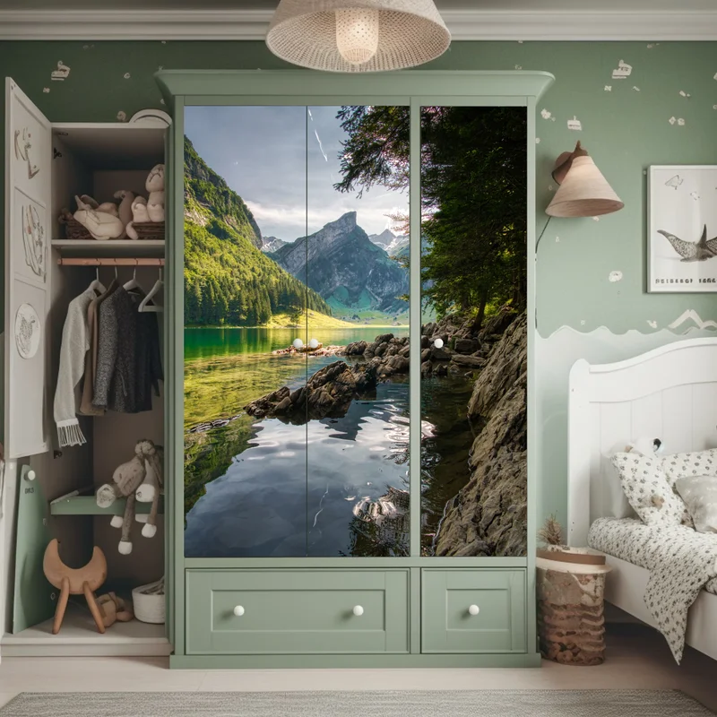 Schrankaufkleber ruhiger bergsee mit spiegelungen im wald Schrankaufkleber ruhiger bergsee mit spiegelungen im wald