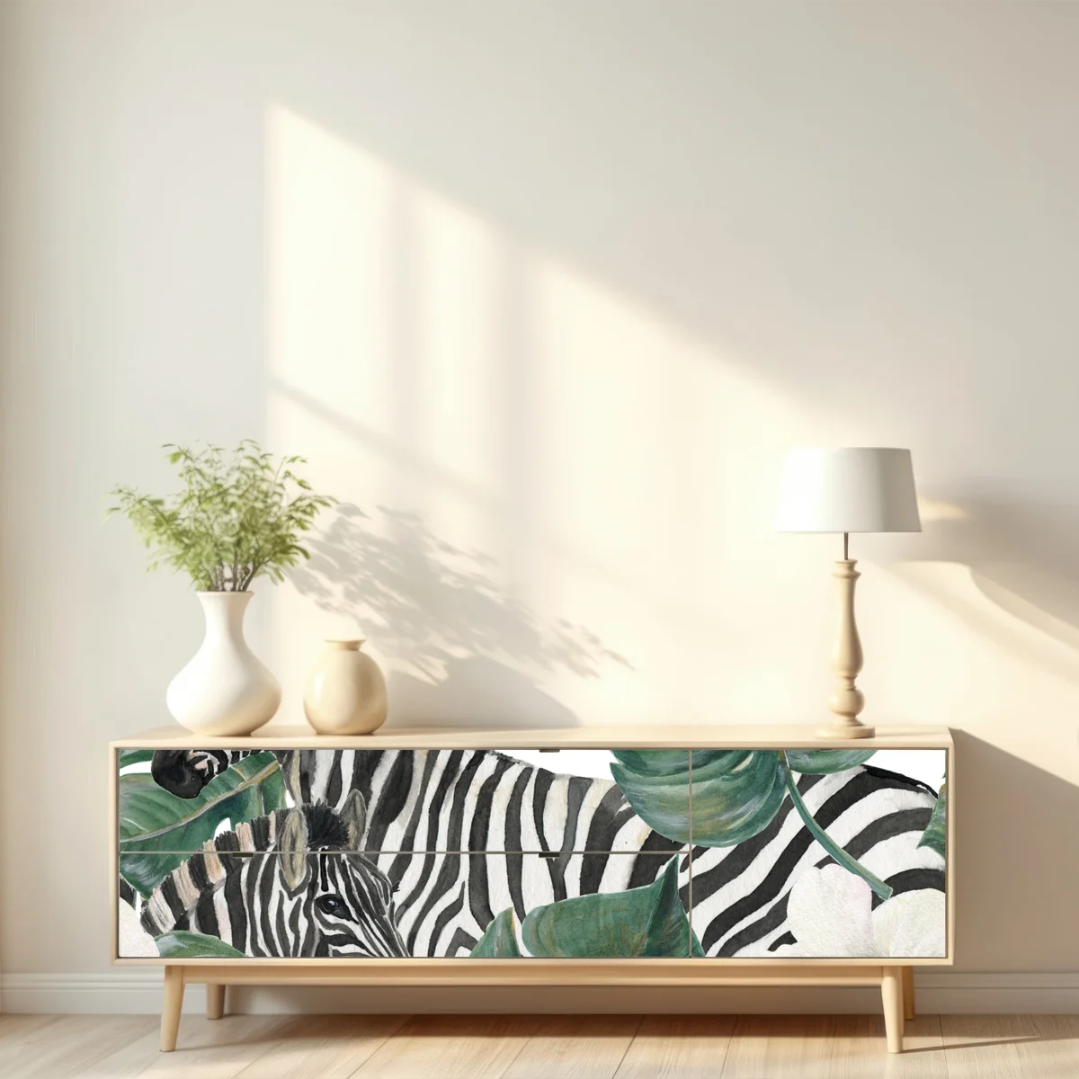 Repositionierbarer Aufkleber tropisches zebramotiv mit monsterablättern Repositionierbarer Aufkleber tropisches zebramotiv mit monsterablättern