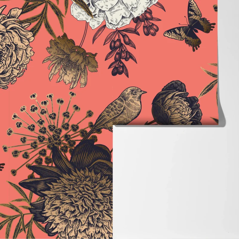 Fototapete vintage blumenmuster mit vögeln auf korallenhintergrund Fototapete vintage blumenmuster mit vögeln auf korallenhintergrund