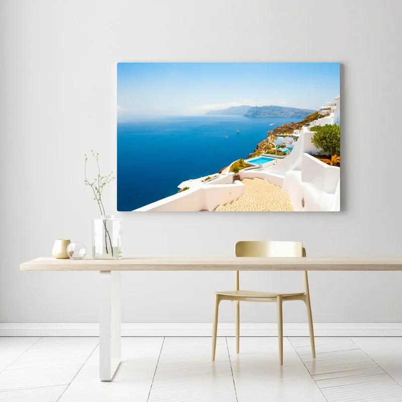 Leinwandbild Santorini küstenblick mit weißer architektur Leinwandbild Santorini küstenblick mit weißer architektur