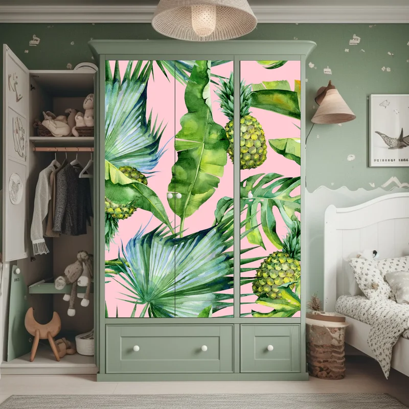 Schrankaufkleber tropisches ananas- und blattmuster in aquarell auf rosa hintergrund