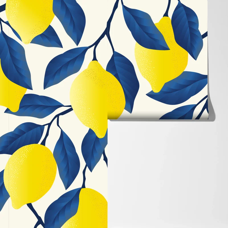 Fototapeta żywy wzór cytryn z niebieskimi liśćmi Fototapeta żywy wzór cytryn z niebieskimi liśćmi