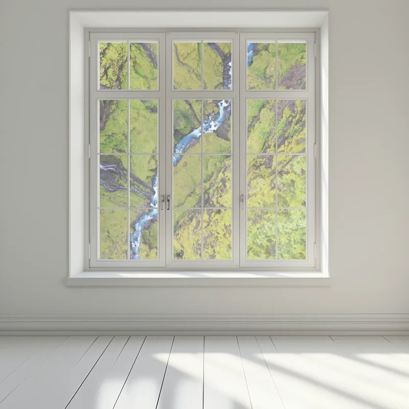 Fensteraufkleber luftaufnahme: fluss in moosbedeckter schlucht Fensteraufkleber luftaufnahme: fluss in moosbedeckter schlucht