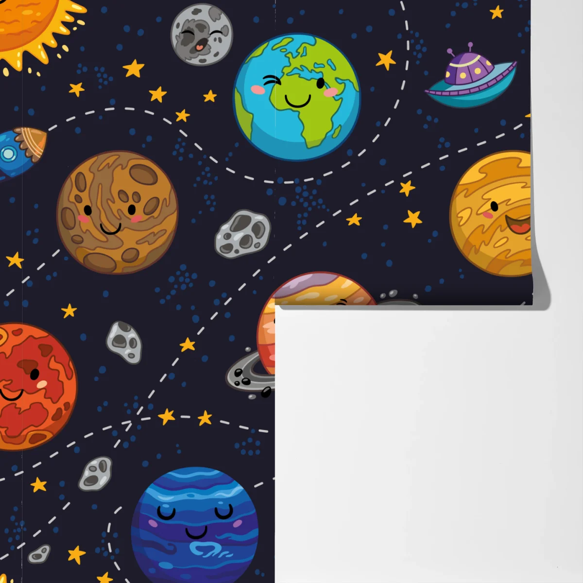 Fototapete lächelnde planeten im verspielten weltraummuster Fototapete lächelnde planeten im verspielten weltraummuster