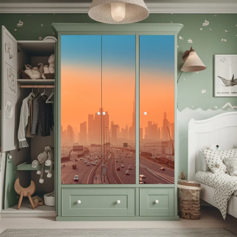 Schrankaufkleber Dubai skyline bei sonnenaufgang