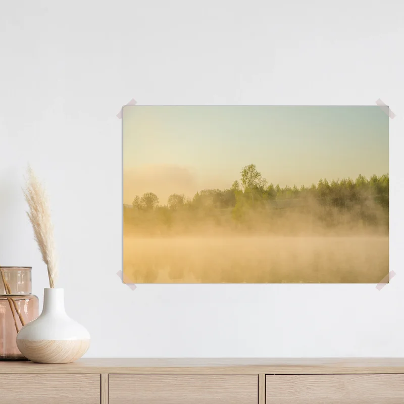 Poster Morgennebel. rund um den See wachsen Birken . • Poster bei Wallnifity® Poster Morgennebel. rund um den See wachsen Birken . • Poster bei Wallnifity®