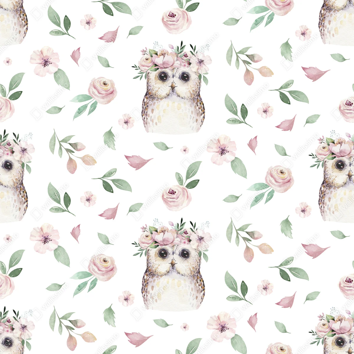 Poster pastell-eule mit blumenkranz • Poster bei Wallnifity® Poster pastell-eule mit blumenkranz • Poster bei Wallnifity®