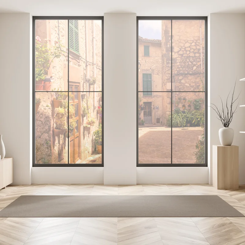 Fensteraufkleber sonnige mediterrane gasse mit blumentöpfen