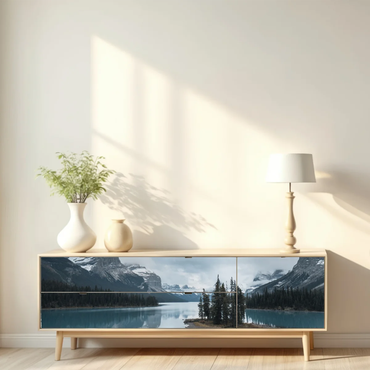 Repositionierbarer Aufkleber ruhiger alpensee mit insel und kajak Repositionierbarer Aufkleber ruhiger alpensee mit insel und kajak