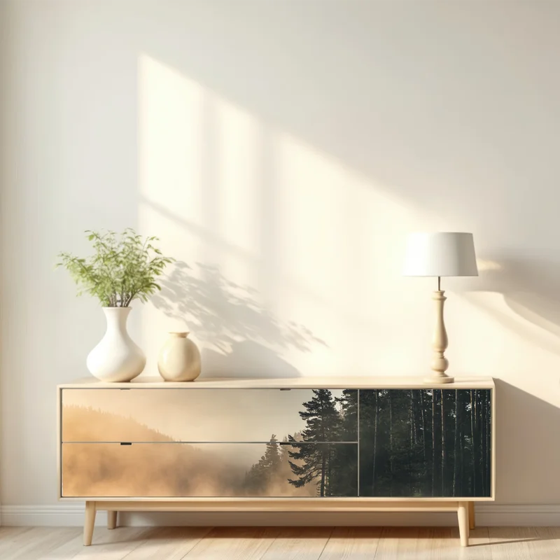 Repositionierbarer Aufkleber nebliger sonnenaufgang über waldsee