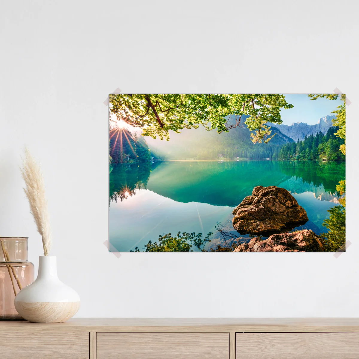 Poster morgendliche szene am Fusine-see mit Mangart Poster morgendliche szene am Fusine-see mit Mangart