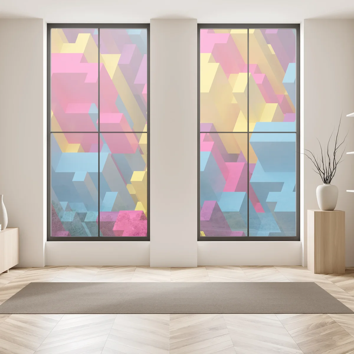 Fensteraufkleber buntes 3d-voxel-muster Fensteraufkleber buntes 3d-voxel-muster