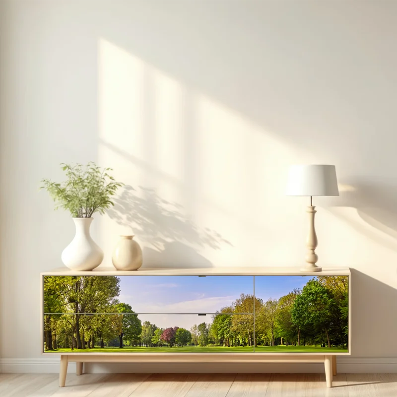 Repositionierbarer Aufkleber sonnige panoramaaufnahme eines stadtparks