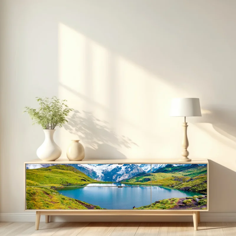 Repositionierbarer Aufkleber ruhiger morgen am Bachalpsee, Schweiz