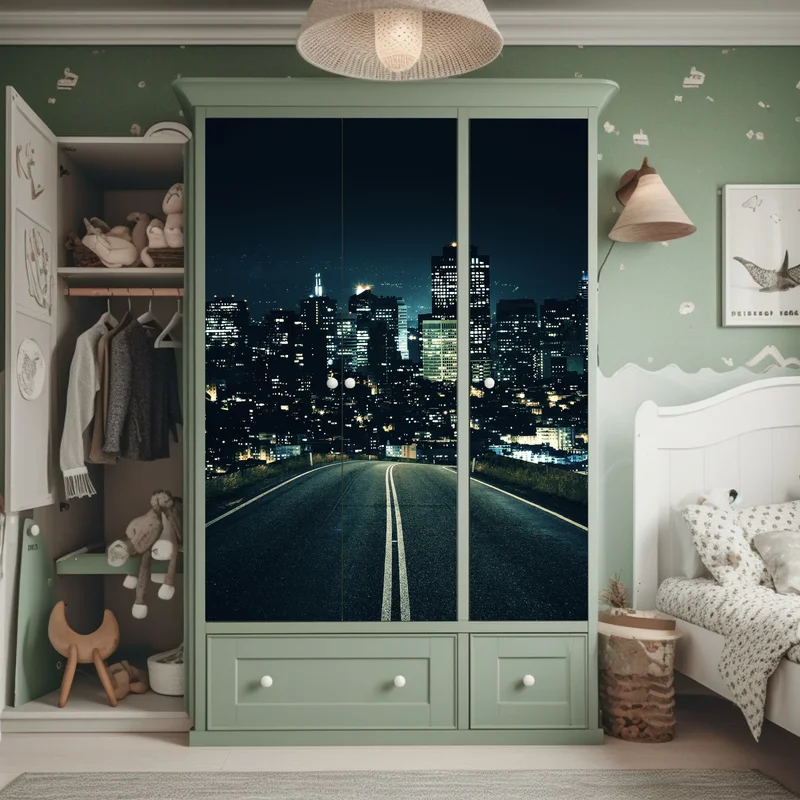 Schrankaufkleber straße zur beleuchteten stadtsilhouette bei nacht Schrankaufkleber straße zur beleuchteten stadtsilhouette bei nacht