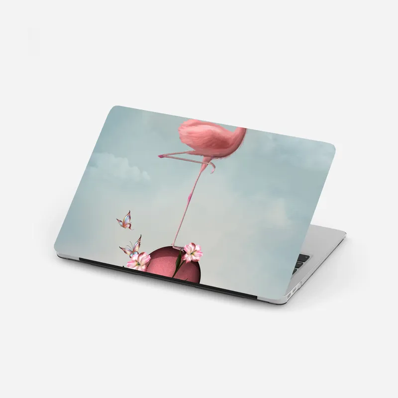 Laptop-Aufkleber rosa flamingo auf blühender kugel