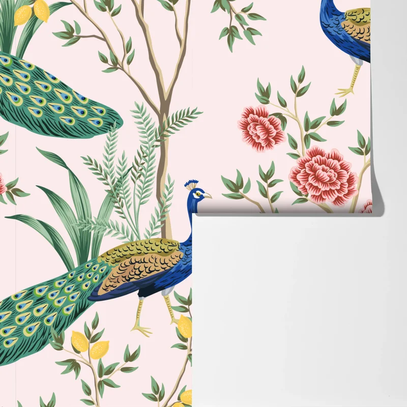 Fototapete elegantes pfau- und blumenmuster auf rosa hintergrund Fototapete elegantes pfau- und blumenmuster auf rosa hintergrund