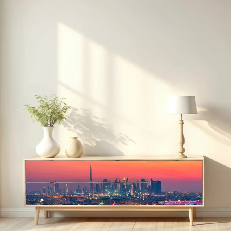 Repositionierbarer Aufkleber Dubai skyline bei sonnenuntergang