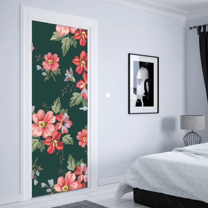 Türaufkleber vintage rosa blumenmuster auf tiefgrün
