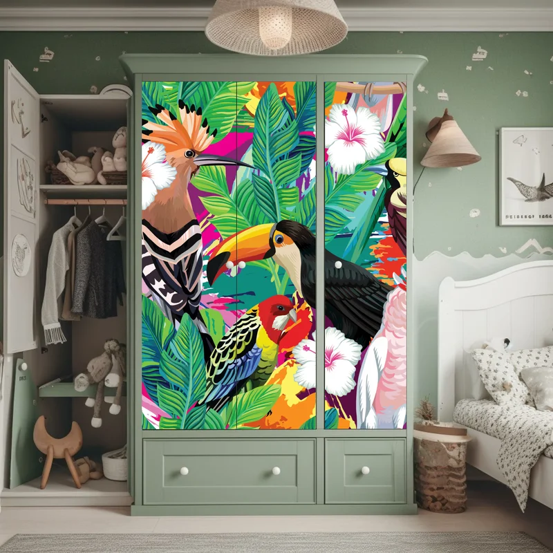 Schrankaufkleber leuchtende tropische vögel im dschungel