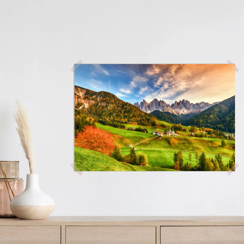 Poster herbstlicher sonnenuntergang über Santa Maddalena, Dolomiten Poster herbstlicher sonnenuntergang über Santa Maddalena, Dolomiten