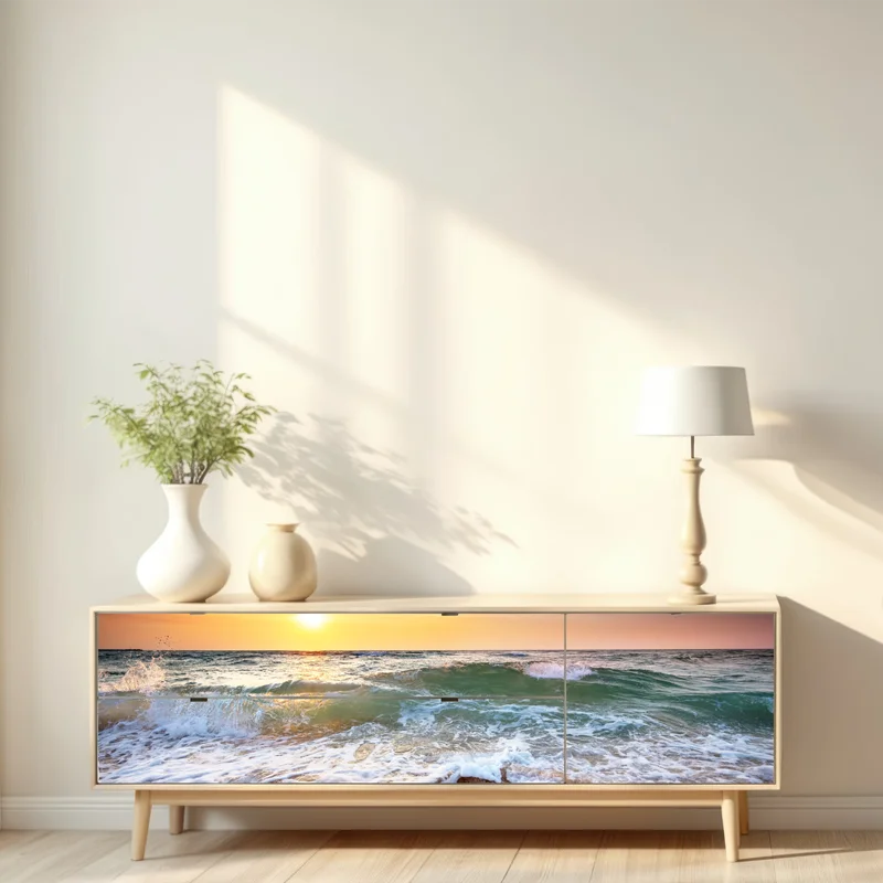 Repositionierbarer Aufkleber goldener sonnenuntergang am strand mit sanften wellen