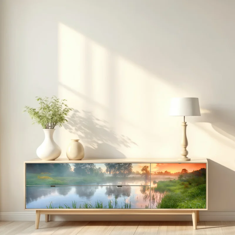 Repositionierbarer Aufkleber nebliger fluss bei sonnenaufgang über grünen ufern Repositionierbarer Aufkleber nebliger fluss bei sonnenaufgang über grünen ufern