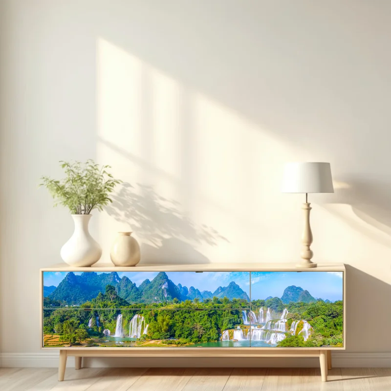 Repositionierbarer Aufkleber üppige panoramaansicht eines wasserfalls mit karstbergen