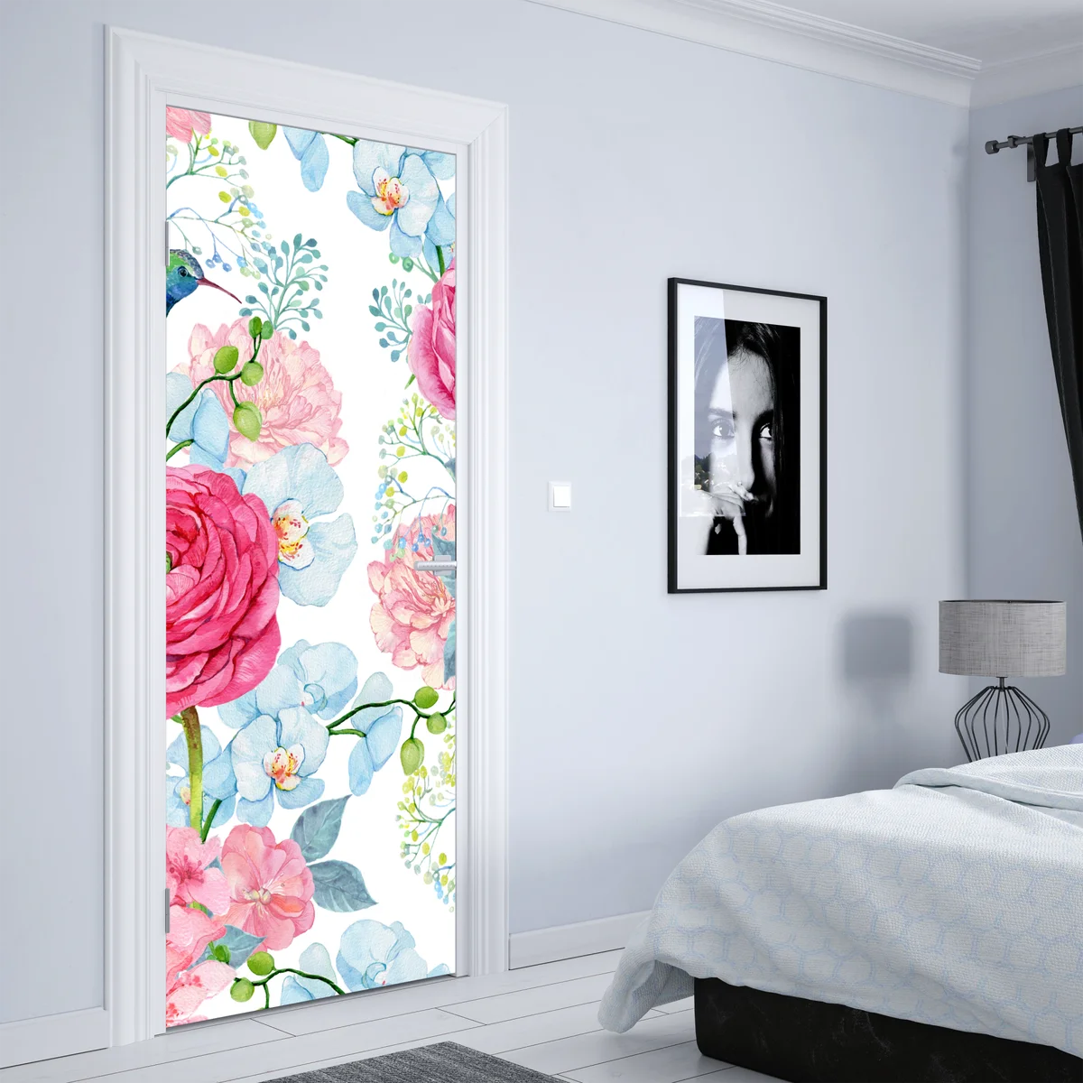 Türaufkleber rosa aquarell blumengarten mit kolibri Türaufkleber rosa aquarell blumengarten mit kolibri